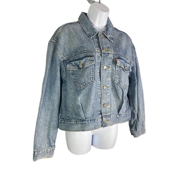 Levis Womens Jean Jacket Cropped Blue Buttons Waist Tabs Pockets Collared M New - Picture 2 of 10